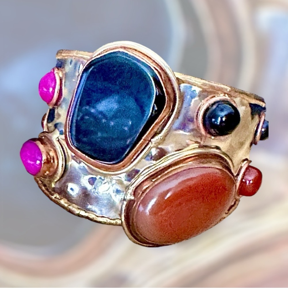 TARA MESA, Cuff Bracelet Artisan Handcrafted Mixed Metal Large Onyx, Carnelian